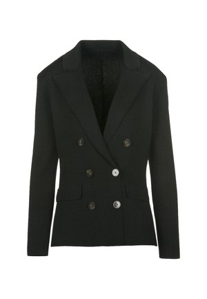 Black double-breasted blazer with wide lapels, six buttons, and two front flap pockets, displayed on a white background.