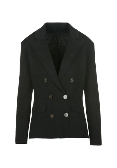 Črn dvorepni blazer z širokimi klapnicami, šestimi gumbi in dvema sprednjima žepoma z flapom, prikazan na beli podlagi.