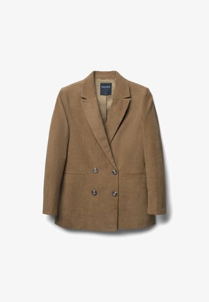 Brown corduroy double-breasted blazer with notched lapels, two front pockets, and dark buttons; textured fabric with vertical ribbing.