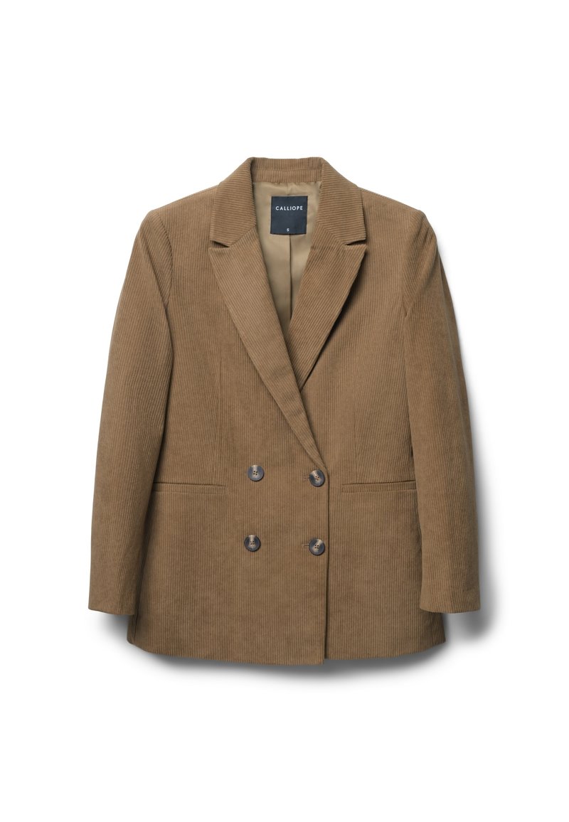 Blazer en velours côtelé marron, double boutonnage, avec revers crantés, deux poches avant et boutons foncés ; tissu texturé avec un relief vertical.