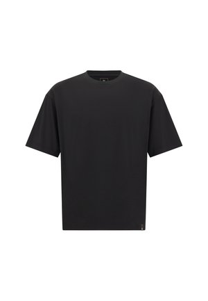 Schwarzes Baumwoll-T-Shirt mit Rundhalsausschnitt, kurzen Ärmeln und geradem Saum. Hat ein Etikett auf der linken unteren Seite. Einfaches Design.