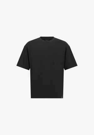 T-shirt in cotone nero con colletto tondo, maniche corte e orlo dritto. Presenta un'etichetta sul lato sinistro inferiore. Design semplice.