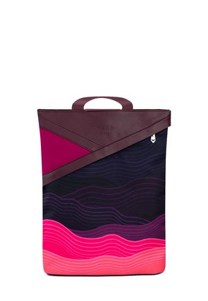 Backpack with maroon top and handle, geometric pink and maroon section, and a wavy pattern in shades of purple and pink on the main body.