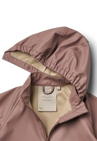 Children's mauve rain jacket with attached hood, snap buttons, and beige inner lining, showing brand label inside collar.