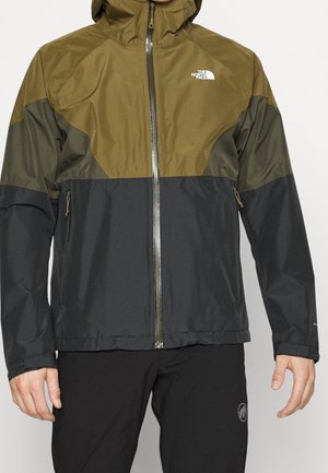 Herrenjacke von The North Face in Olivgrün, Dunkelgrün und Schwarz mit Kapuze, Frontreißverschluss und seitlichen Reißverschlusstaschen.