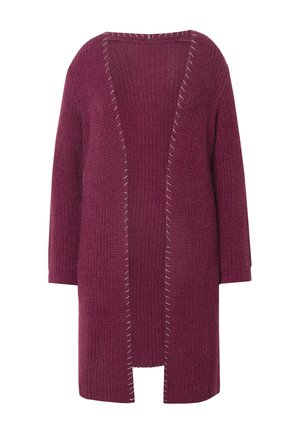 Gilet en tricot de couleur bordeaux profond. Design à devant ouvert, manches longues, tissu texturé, avec des points de couture blancs contrastants le long des bords.