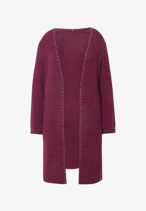 Gebreide cardigan in diep bordeaux. Ontwerp met open voorkant, lange mouwen, textuurstof, met contrasterende witte stiksels langs de randen.