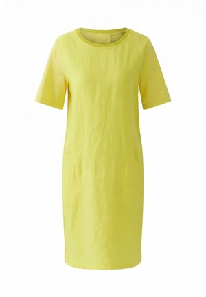 Yellow knee-length dress with short sleeves, round neckline, and side pockets, displayed on a white background.