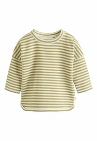 Striped long-sleeve shirt in green and white. Features ribbed texture, round neckline, and side snap closure near the shoulder.