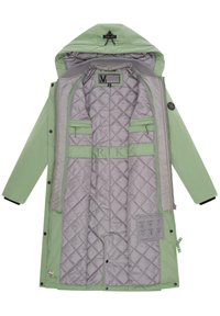 Light green parka jacket featuring a detachable hood, zippered front, and quilted grey lining with pockets and graphics.