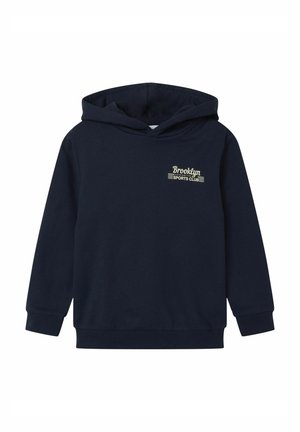 Marineblå hættetrøje med forlomme og tekst "Brooklyn Support the Sports Club" på venstre bryst, ribstrikkede manchetter og kant.