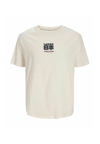 Belo kratka majica z okrolim izrezom, okrašena z japonskimi znaki in napisom "Življenje v raju češnjevih cvetov" na prsih.