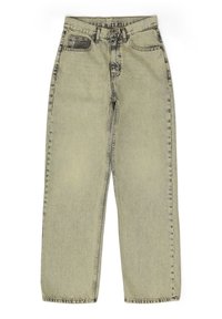 Ljust gröna höga raka jeans i denim, med en klassisk femfickdesign och kontrastsömmar längs sömmarna.