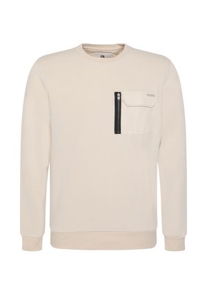 Beige sweatshirt van zacht materiaal, voorzien van een voorkant pocket met een zwarte rits en gestructureerde accenten. Lange mouwen met geribde manchetten.