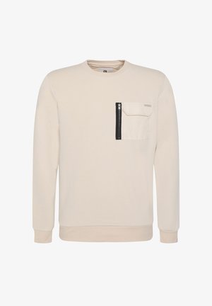 Felpa beige realizzata in tessuto morbido, con tasca frontale dotata di zip nera e dettagli testurizzati. Maniche lunghe con polsini a costine.