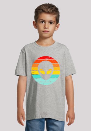 Graues Baumwoll-T-Shirt mit einem vintage Alien-Graphic in rundem Design und roten, orangen, gelben und türkisfarbenen Streifen. Lässige Passform.