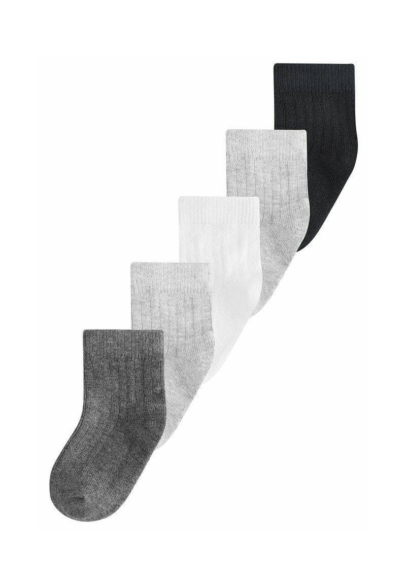 Fem par strømper i sort, mørkegrå, lysegrå, hvid og off-white. Ribbet struktur, standard længde, blanding af bomuldsmateriale.