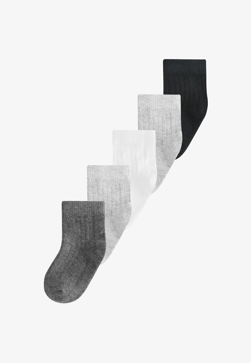 Five pairs of crew socks in black, dark gray, light gray, white, and off-white. Ribbed texture, standard length, cotton blend material.