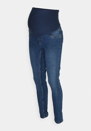 Jeans de maternitate din denim albastru închis, cu o talie elastică și ajustată. Au un design clasic cu cinci buzunare și o formă subțire a piciorului.