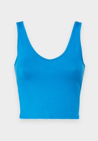 Modrý crop top z hladkej, elastickej látky s hlbokým výstrihom do V a širokými ramienkami, s priliehavým strihom a čistými okrajmi.