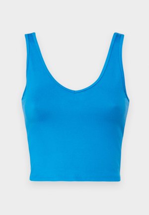 Modrý crop top z hladkého, elastického materiálu s hlubokým výstřihem do V a širokými ramínky, s úzkým střihem a čistými okraji.