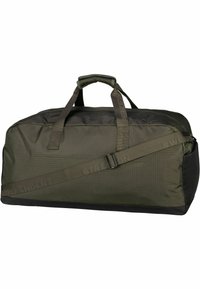 Sac de sport en nylon vert avec deux poignées supérieures et une bandoulière réglable. Présente une surface texturée et un accent noir en bas.