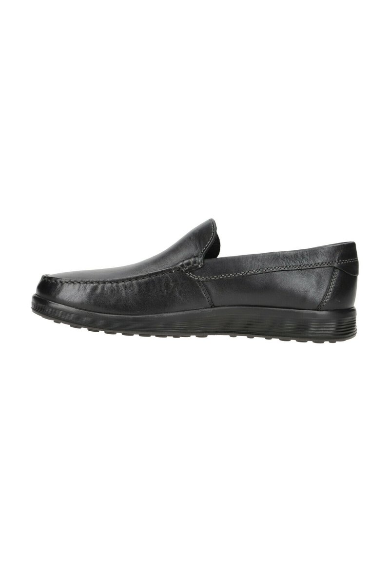 Scarpa slip-on in pelle nera con finitura liscia, punta rotonda e linea superiore curva. Presenta una suola in gomma testurizzata per una buona presa.