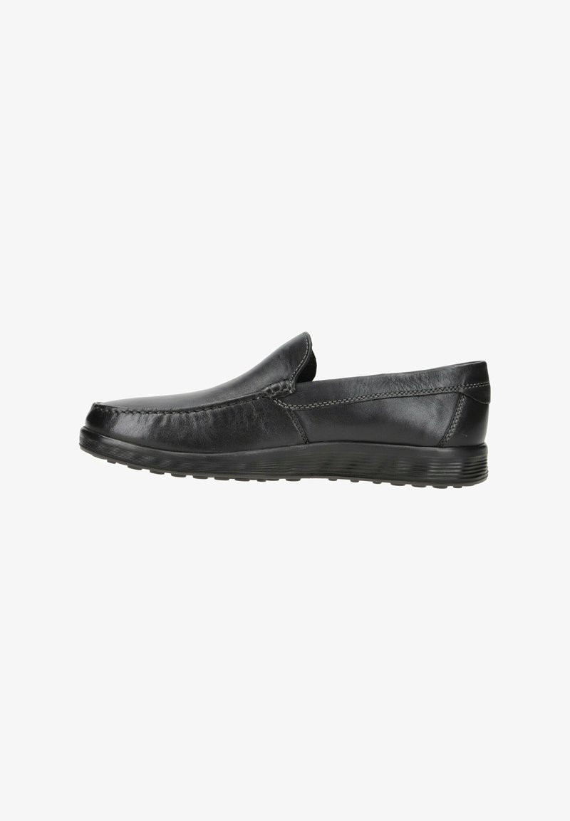 Scarpa slip-on in pelle nera con finitura liscia, punta rotonda e linea superiore curva. Presenta una suola in gomma testurizzata per una buona presa.