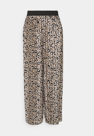 Plooibroek met luipaardprint, zwarte elastische tailleband, rechte wijde pijpen en een beige, zwarte en witte patroon.