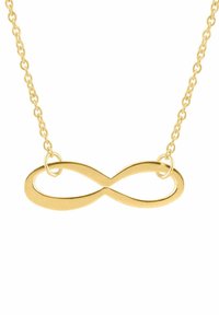 Złoty naszyjnik nieskończoności o gładkiej, wypolerowanej powierzchni, z delikatnym łańcuszkiem i eleganckim symbolem nieskończoności jako głównym wisiorkiem.