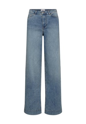 Jeans blu a vita alta e gamba larga con bottone e cerniera frontali, passanti per cintura e tasche anteriori, mostrati su sfondo bianco.