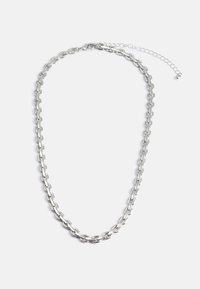 Colier din argint cu zale ovale interconectate, dotat cu un sistem de închidere cu clemă și un lanț extensibil reglabil pentru flexibilitate în dimensiune.