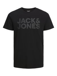 Black cotton t-shirt featuring a large, embossed "JACK & JONES" logo in dark gray on the front. Short sleeves and a classic crew neckline.