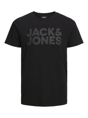Black cotton t-shirt featuring a large, embossed "JACK & JONES" logo in dark gray on the front. Short sleeves and a classic crew neckline.