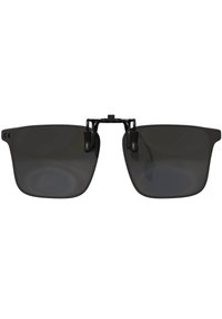 Black sunglasses with a rectangular shape, gray tinted lenses, a metal bridge, and rubber accents on the arms for grip. CE marking present.