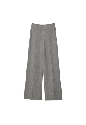 Pantaloni grigi a gamba larga con un tessuto texture. Presentano pince che scendono davanti, una vita senza chiusure visibili.