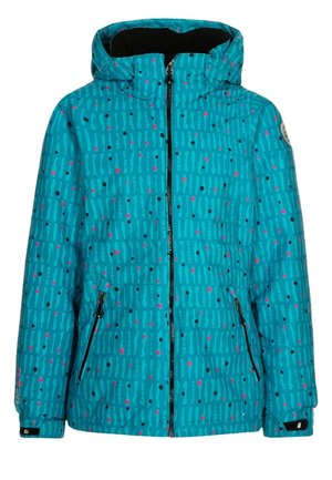 Niebieska kurtka dziecięca z kapturem, ozdobiona wzorem z pionowych pasków i kropek, z zamkiem błyskawicznym z przodu, zamykanymi na zamek kieszeniami bocznymi oraz regulowanymi mankietami.