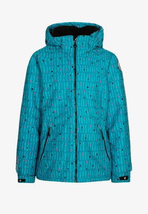 Niebieska kurtka dziecięca z kapturem, ozdobiona wzorem z pionowych pasków i kropek, z zamkiem błyskawicznym z przodu, zamykanymi na zamek kieszeniami bocznymi oraz regulowanymi mankietami.