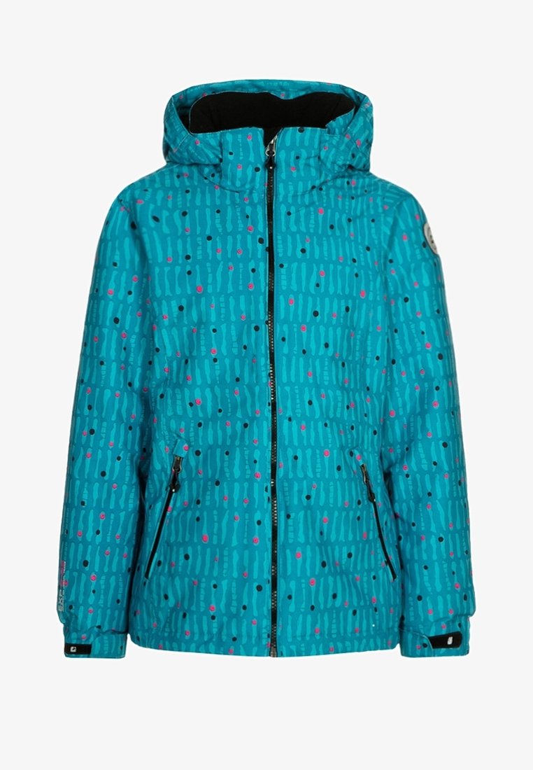 Veste à capuche bleue pour enfants avec motif de rayures verticales et points, fermeture éclair avant, poches latérales zippées et poignets réglables.