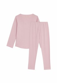 Różowa bluzka z długim rękawem i pasujące legginsy wykonane z miękkiego materiału. Bluzka ma okrągły dekolt, a spodnie charakteryzują się elastycznym pasem.
