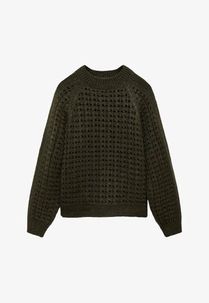 Textured dark green knitted sweater with a round neck, featuring a loose fit and a patterned weave throughout the fabric.