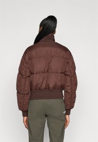 Casaco puffer castanho com punhos e barra canelados, apresentando uma gola alta e textura acolchoada. A vista traseira mostra uma silhueta rectangular.