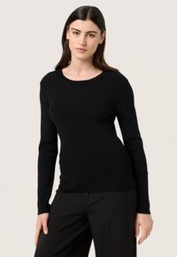Schwarzer Pullover mit langen Ärmeln und Rundhalsausschnitt, aus glattem Strickstoff gefertigt. Figurbetontes Design ohne sichtbare Muster oder Verzierungen.