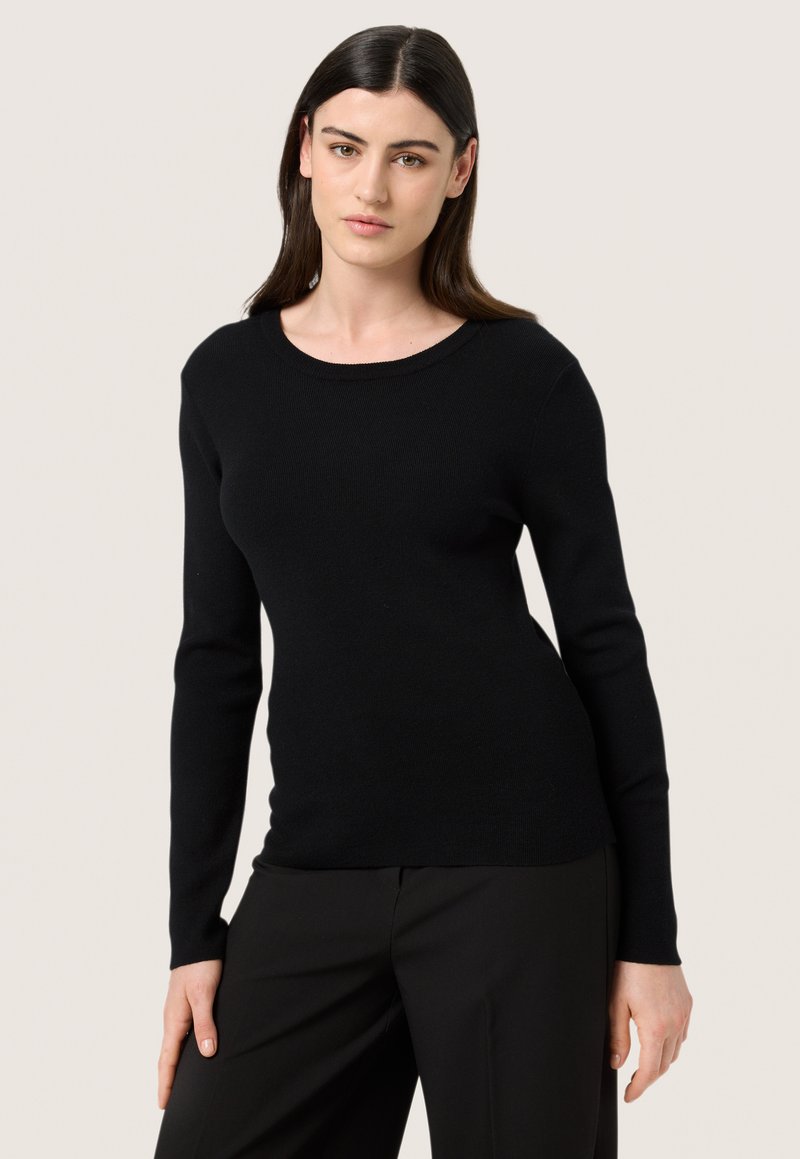 Black long-sleeve sweater with a crew neck, made of smooth knit fabric. Fitted design with no visible patterns or embellishments.