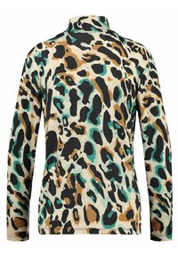 Långärmad topp med leopardmönster i svart, brunt och teal på en ljusbeige bakgrund; tillverkad av ett mjukt och slätt tyg.