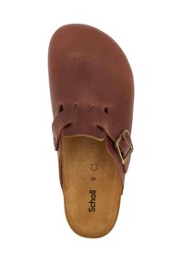 Bruna läder slip-on sandaler med en spännrem, naturlig texturerad innersula och rund tå, märkta med varumärket "Scholl" och storlek "42."