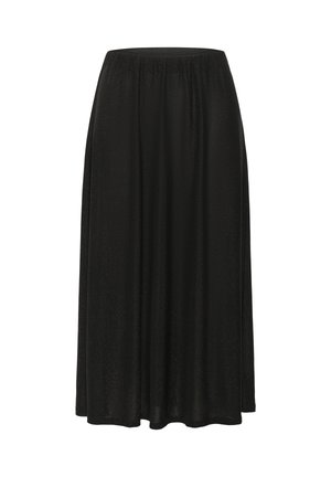 Gonna midi nera con vita elasticizzata e leggera brillantezza, tessuto fluido, silhouette dritta.