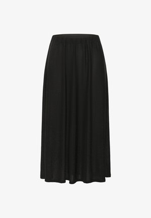 Melna midi svārki ar elastīgu jostu un smalku mirdzumu, plūstoša auduma, taisna silueta.