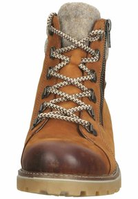 Braune Leder-Ankle-Boots mit strukturiertem grauem Kragen, metallicfarbenem Reißverschluss und kontrastierendem Schnürdesign. Robuste Gummisohle mit ausgeprägtem Profil.