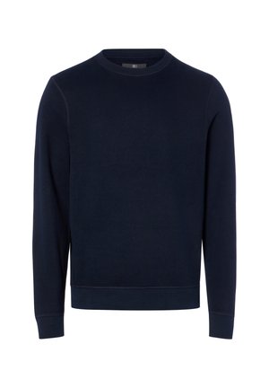 Sweat-shirt bleu marine à manches longues, col rond, poignets et ourlet côtelés, design uni, sans logos ni motifs visibles.